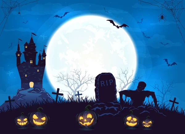 Blue Halloween Background with Castle and Pumpkins — Stock Vector