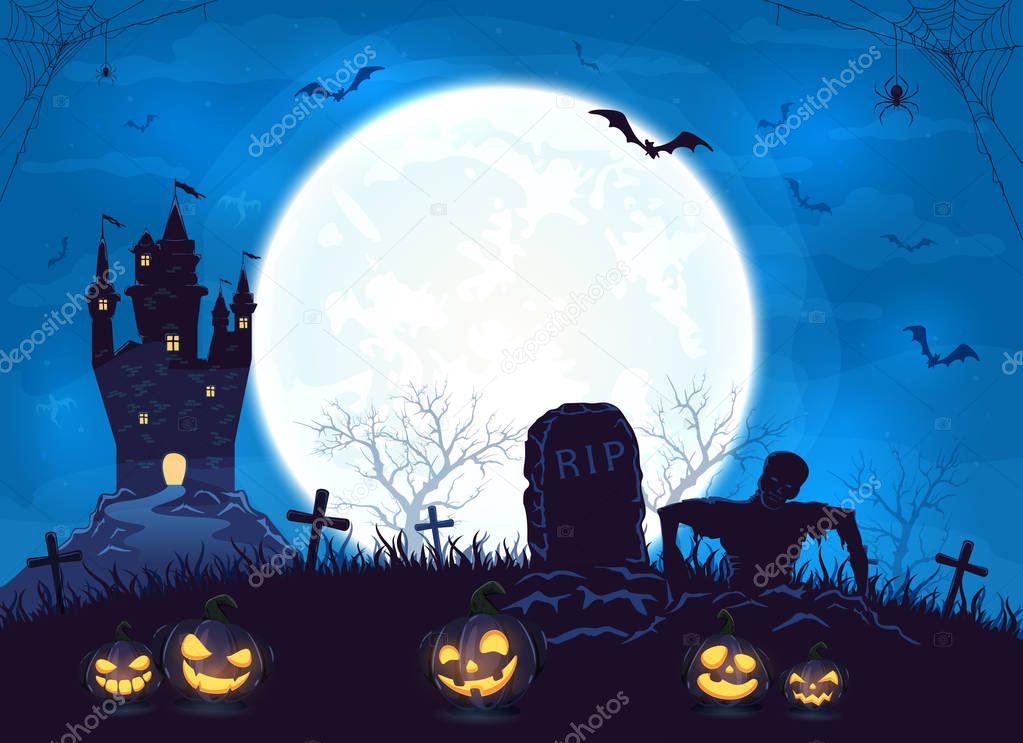 Blue Halloween Background with Castle and Pumpkins