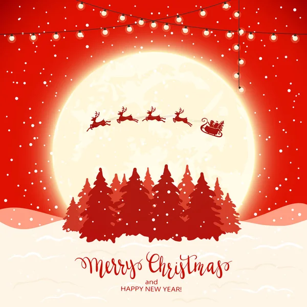 Fond rouge de Noël avec le Père Noël et le renne — Image vectorielle