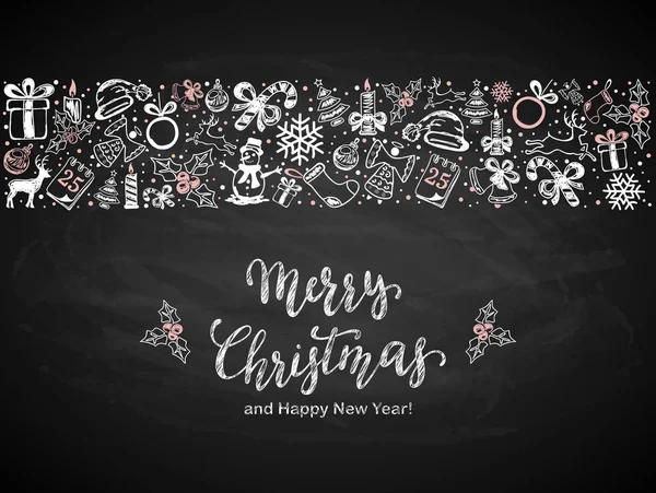 Texto Feliz Navidad y decoraciones navideñas en pizarra negra — Vector de stock