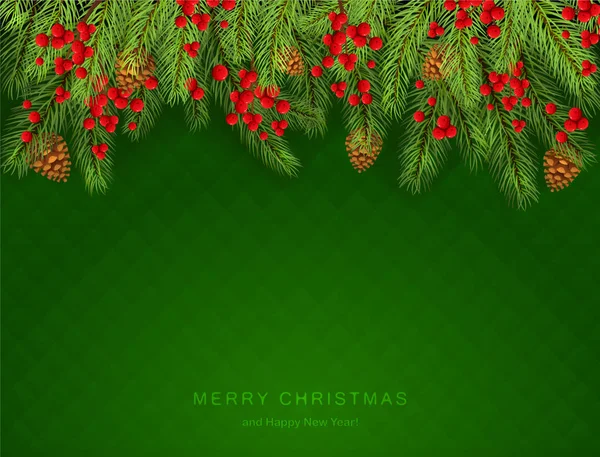 Christmas Lettering on Green Background with Holly Berries — Stock Vector