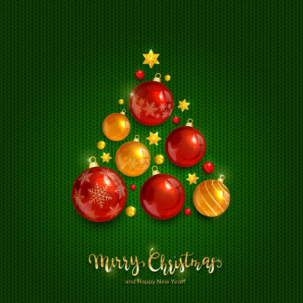 緑のニットの背景に赤と金のクリスマスボール — ストックベクタ