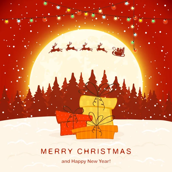 Caixas de presente de Natal e Papai Noel no fundo de inverno vermelho — Vetor de Stock