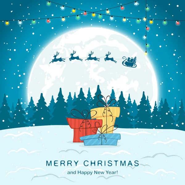 Šťastný Santa s elfem a jelenem na modrém vánočním pozadí — Stockový vektor