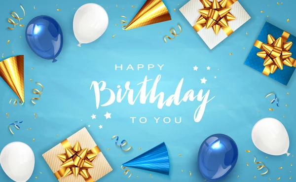 Lettering Feliz Cumpleaños Sobre Fondo Azul Con Globos Navideños Sombrero — Archivo Imágenes Vectoriales