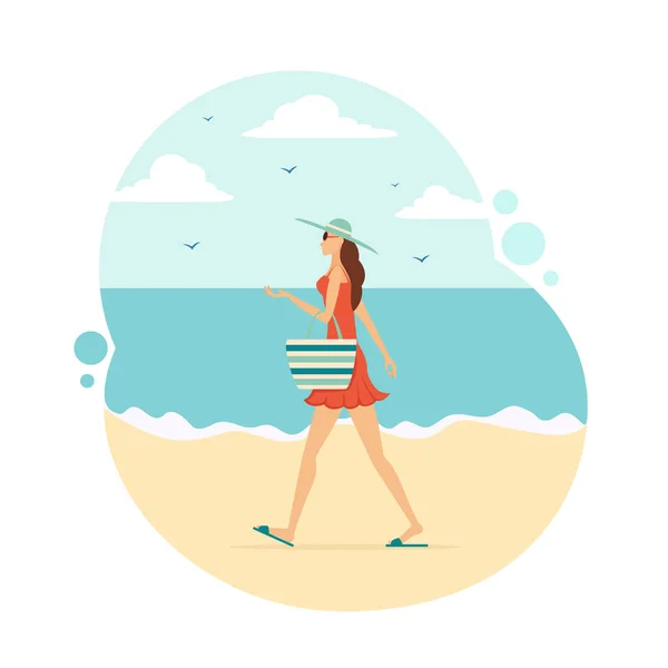 Plaj Çantası Şapkası Olan Kırmızı Elbiseli Bir Kadın Sahile Gidiyor — Stok Vektör
