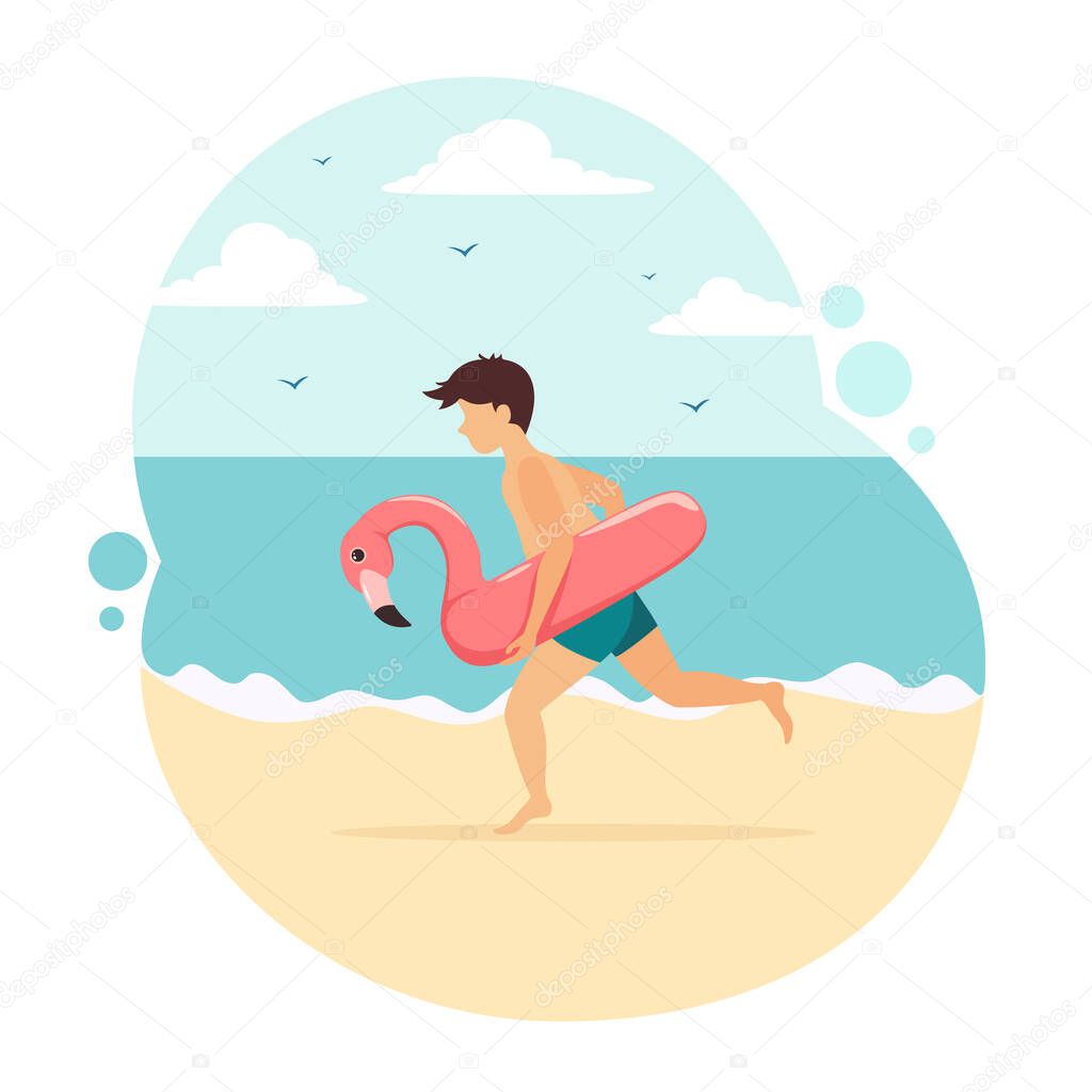 Boy in blue swim shorts runs to the beach with an inflatable flamingo. Funny kid on sea background. Illustration in flat cartoon style can be used for summer design, posters, banners. Summer theme.