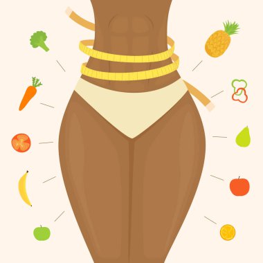 Sağlıklı yaşam tarzı teması. Sarı bir ölçü bandıyla ince kadın beli. Diyet ve sağlıklı beslenme. Kızın etrafında pembe arka planda meyveler ve sebzeler. Sağlık kavramı, illüstrasyon.