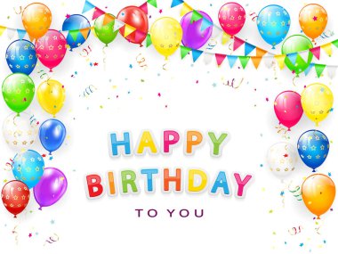 Beyaz arka planda izole edilmiş renkli balonlar. Mutlu Yıllar harfleri, bayram flamaları, flamalar, konfetiler. Resimler tatil tasarımı, poster, kart, web sitesi ve afişler için kullanılabilir.