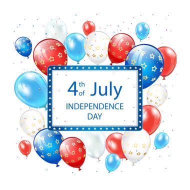 4 Temmuz 'da Bağımsızlık Günü' nde beyaz arka planda pankart, balon ve konfeti ile mesaj at. Bağımsızlık Günü Teması. Resimler tatil tasarımı, kartlar, posterler, afişler için kullanılabilir.