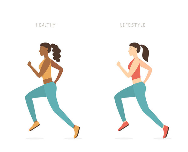 Running girls in sportswear isolated on a white background. Sports theme of an active lifestyle. A woman running. Sports fitness-running training. Vector illustration in a flat cartoon style. World health day