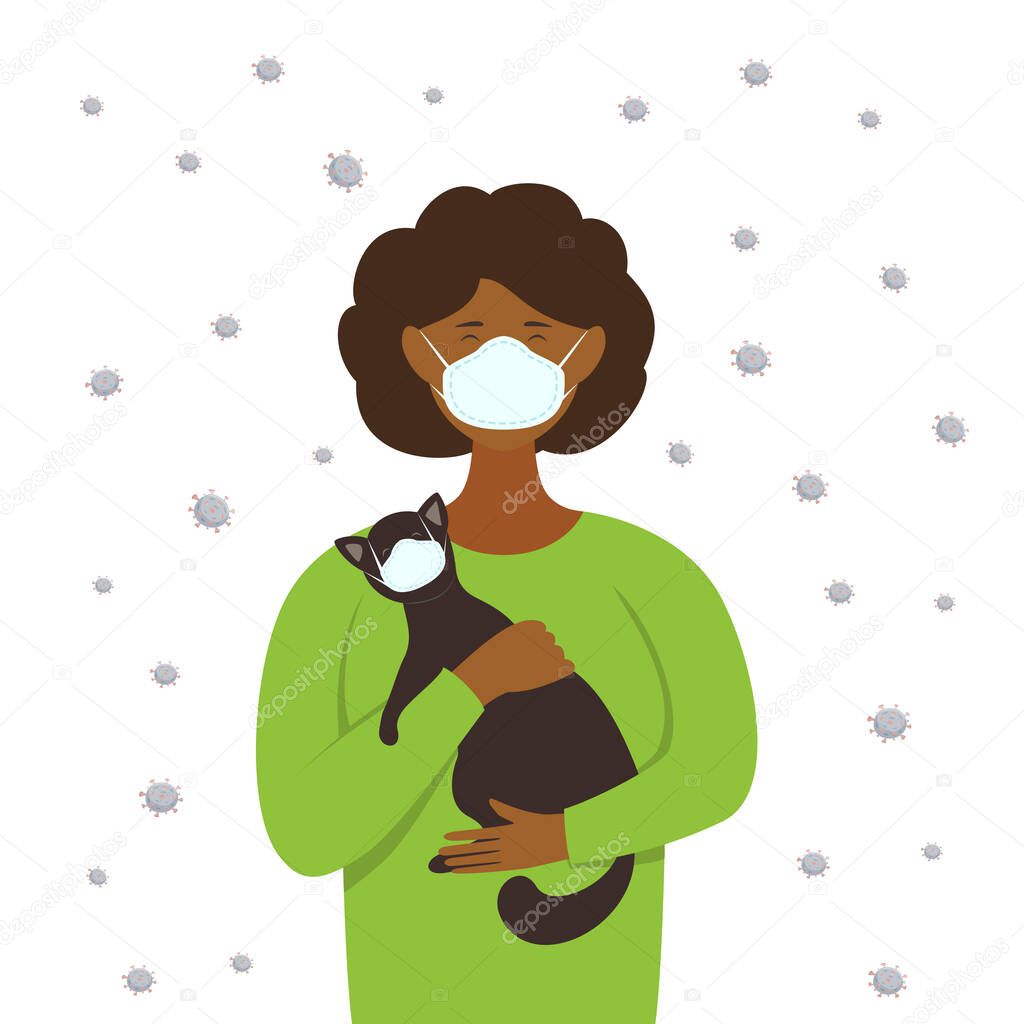 Woman and cat wear medical protective masks on their faces because of the corona virus. Illustration with a flat cartoon characters and viruses. Protecting health from infectious, disease and covid-19