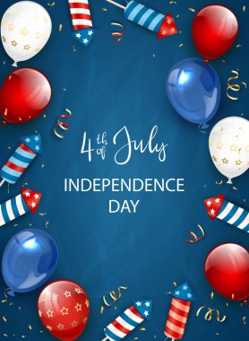 Bağımsızlık Günü arkaplanı ve 4 Temmuz 'da balonlar ve havai fişeklerle yazılmış yazı. Mavi Bağımsızlık Günü Teması. Resimler tatil tasarımı, kartlar, posterler, afişler için kullanılabilir.