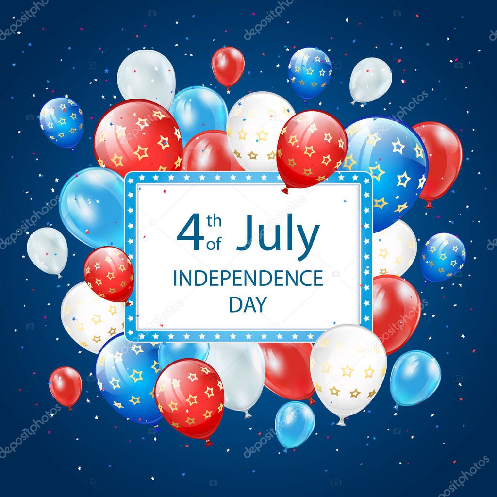 Text Independence day 4th of July with banner, balloons and confetti on blue background. Independence day Theme. Illustration can be used for holiday design, cards, posters, banners.