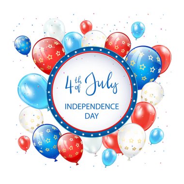 4 Temmuz Bağımsızlık Günü 'nde beyaz arka planda yuvarlak pankart, balonlar ve konfetilerle mesaj at. Bağımsızlık Günü Teması. Resimler tatil tasarımı, kartlar, posterler, afişler için kullanılabilir.