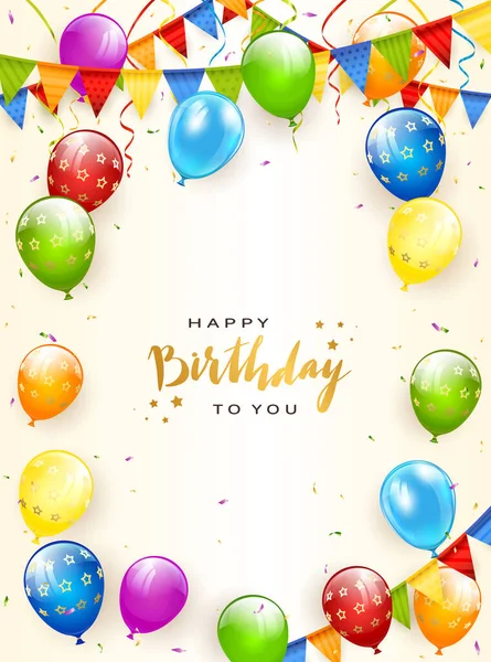 Bunte Luftballons Auf Weißem Hintergrund Mit Goldenem Schriftzug Happy Birthday — Stockvektor