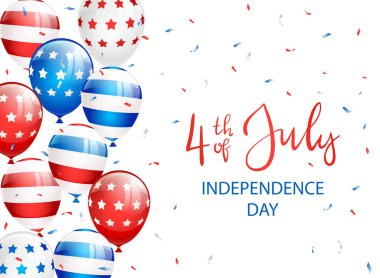 4 Temmuz 'da beyaz arka planda balonlar ve konfetilerle Bağımsızlık Günü' ne mesaj at. Bağımsızlık Günü Teması. Resimler tatil tasarımı, kartlar, posterler, afişler için kullanılabilir.