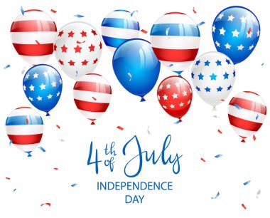 4 Temmuz Bağımsızlık Günü beyaz arka planda balonlar ve konfetilerle. Bağımsızlık Günü Teması. Resimler tatil tasarımı, kartlar, posterler, afişler için kullanılabilir.