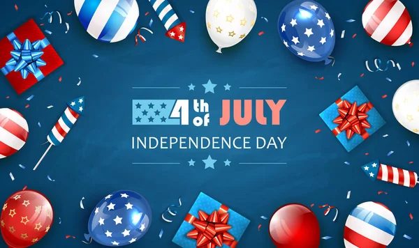 独立日背景 7月4日用气球 礼品盒和火箭烟花写着字母 蓝色独立日的主题 图解可用于假日设计 — 图库矢量图片