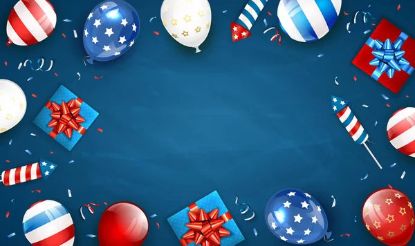 Bağımsızlık Günü Geçmişi Temmuz Temalı Balonlar Hediye Kutuları Havai Fişekler — Stok Vektör