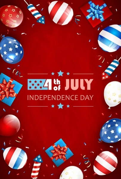 独立日背景和7月4日的文本与气球 礼品盒和火箭烟花 红色独立日主题 图解可用于假日设计 — 图库矢量图片