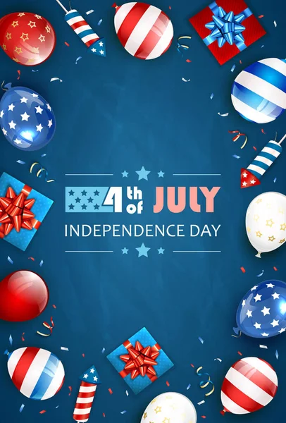 独立日背景和7月4日的文本与气球 礼品盒和火箭烟花 蓝色独立日的主题 图解可用于假日设计 — 图库矢量图片