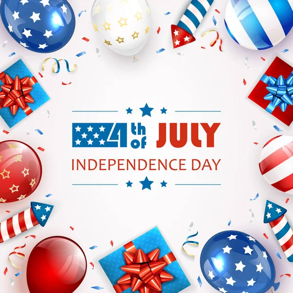 Bağımsızlık Günü Geçmişi Temmuz Mektup Balonlar Hediye Kutuları Havai Fişekler — Stok Vektör