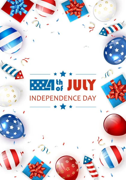 独立日背景和7月4日的文本与气球 礼品盒和火箭烟花 白色独立日主题 图解可用于假日设计 — 图库矢量图片
