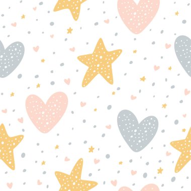 Kalpleri, yıldızları ve beyaz arka planda noktaları olan kusursuz bir model. İllülasyon Sevgililer Günü için, çocuk giyimi tasarımı, duvar kağıdı, desen dolguları, web sayfası arka planı, ambalaj kağıdı için kullanılabilir