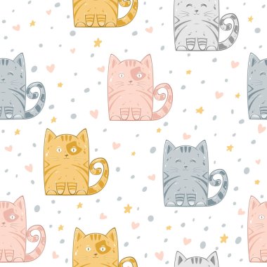 Kitty 'nin kusursuz deseni, beyaz arka planda izole edilmiş yıldızlar ve kalpler. Resim, duvar kağıdı, çocuk giyimi tasarımı, şablon dolgusu, web sayfası arka planı, ambalaj kağıdı için kullanılabilir