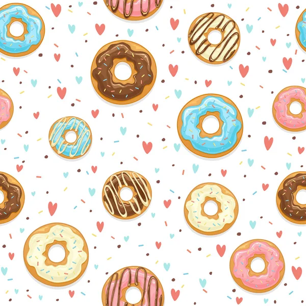 Seamless Background Glazed Donuts Hearts Colorful Sprinkles Isolated White Background — Stock Vector