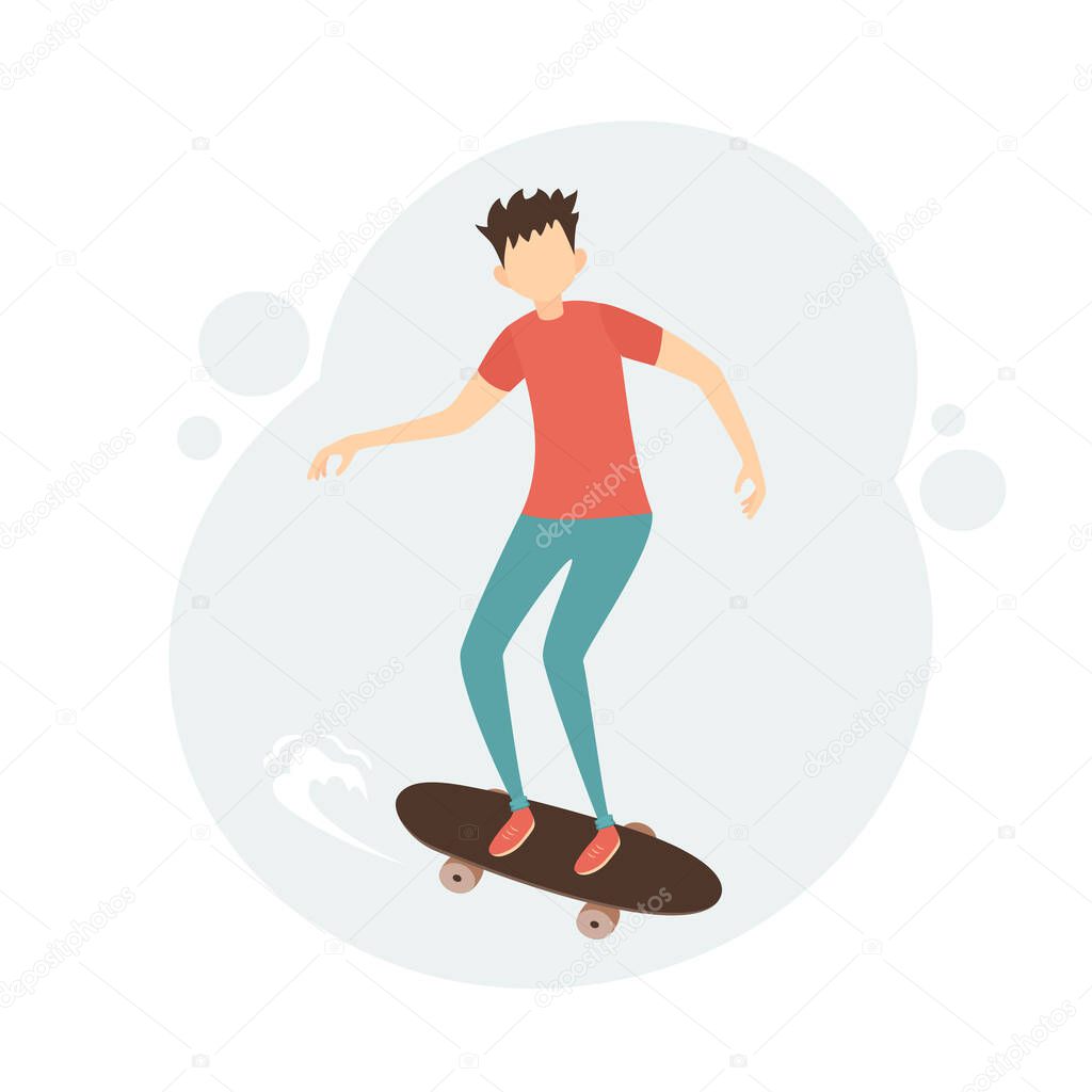 Young man on skateboard. Boy skateboarding. Sport and physical activity concept. Teen boy riding skateboard. Skateboarder boy. Illustration in a flat cartoon style.