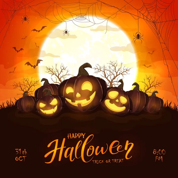 Szczęśliwe Dynie Pomarańczowym Tle Halloween Pełni Księżyca Karta Jackiem Lanternsem — Wektor stockowy
