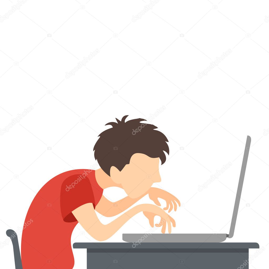 A Boy plays or works at a computer or laptop. A gamer plays video games. Kid study or play a computer game.  Illustration in a flat cartoon style with cute character. Technology and gaming concept.