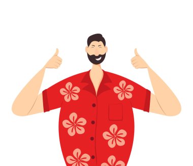 Kırmızı Hawaii gömlekli mutlu adam 