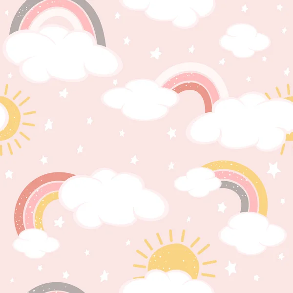 Fondo Sin Costuras Con Nubes Arcoíris Cielo Rosa Patrón Mágico — Archivo Imágenes Vectoriales