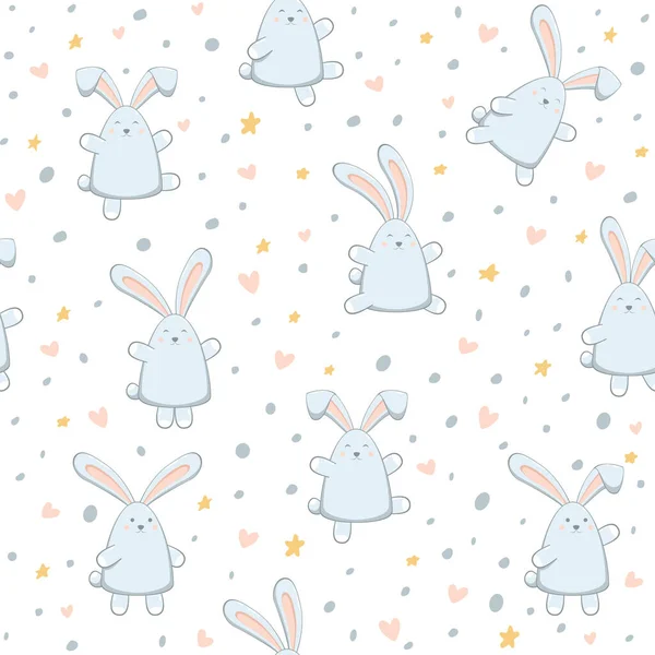 复活节兔子的心脏和星星的白色背景 无缝隙图案与快乐的兔子 图解可用于节日包装纸 儿童服装或物品设计 — 图库矢量图片