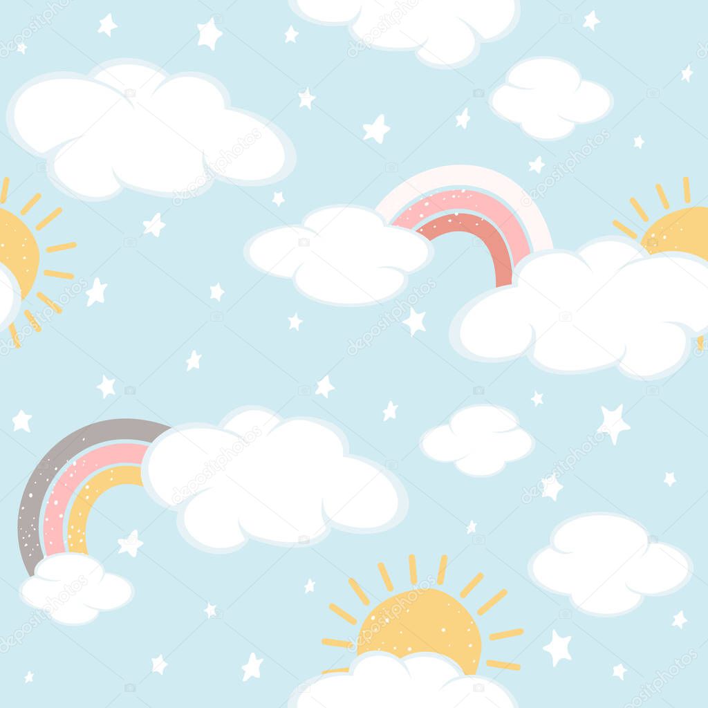 Seamless background with clouds and rainbows on blue sky. Magical repeat pattern. Illustration can be used for wallpaper, children's clothing design, pattern fill, web page background, wrapping paper