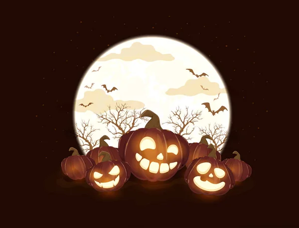 Zucche Halloween Luna Sfondo Nero Notte Biglietto Con Jack Lanterne — Vettoriale Stock