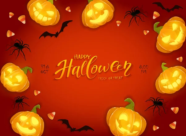 Glückliche Kürbisse Auf Orangefarbenem Halloween Hintergrund Mit Bonbons Fledermäusen Und — Stockvektor