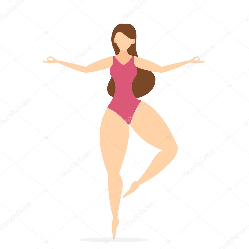 Body positive, beauty and healthy lifestyle concept. Beautiful happy plus size woman standing in yoga position. Girl does yoga. Illustration in flat cartoon style isolated on white background