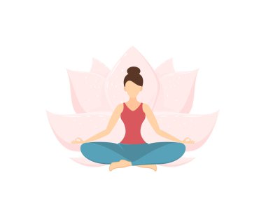 Kız yoga ve meditasyon yapıyor. Güzel bir kadın yoga nilüfer pozisyonunda oturuyor. Güzellik ve sağlıklı yaşam tarzı kavramı. Nilüfer çiçeğinin beyaz arkaplanda izole edildiği düz çizgi film tarzında resimleme.