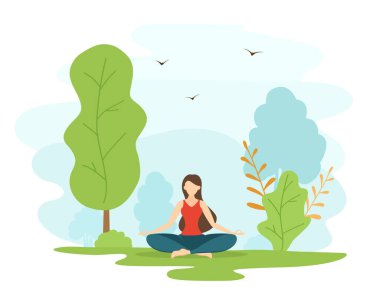 Kız parkta yoga ve meditasyon yapıyor. Lotus pozisyonunda oturan güzel bir kadın. Sağlıklı yaşam tarzı kavramı. Düz çizgi film tarzında ağaç ve kuşla birlikte doğa arka planı ile ilgili bir illüstrasyon.