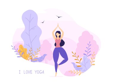 Pembe ve mor arka plan üzerine vücut pozitifliği, güzellik ve sağlıklı yaşam tarzı konsepti. Güzel, mutlu, iri yarı bir kadın parkta poz veriyor. Kız yoga yapıyor. Çizgi film tarzında illüstrasyon.
