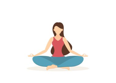 Kız yoga ve meditasyon yapıyor. Lotus pozisyonunda oturan güzel bir kadın. Güzellik ve sağlıklı yaşam tarzı kavramı. Beyaz arkaplanda izole edilmiş düz çizgi film biçimi çizimi.