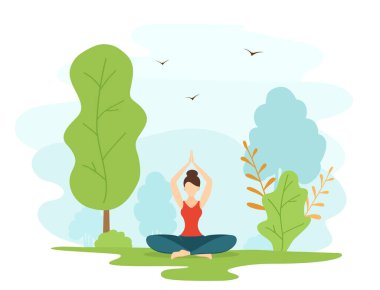 Kız parkta yoga ve meditasyon yapıyor. Nilüfer pozisyonunda oturan güzel bir kadın doğa arka planında, ağaç ve kuşla birlikte. Sağlıklı yaşam tarzı kavramı. Düz çizgi film tarzında biriyle illüstrasyon.