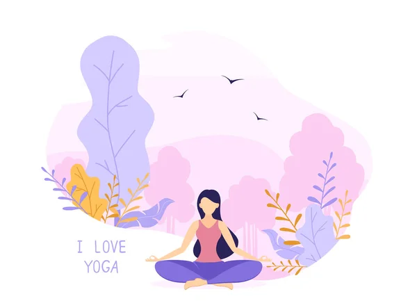 Chica Hace Yoga Meditación Parque Rosa Púrpura Fondo Naturaleza Hermosa — Archivo Imágenes Vectoriales