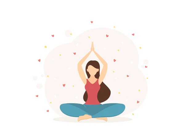 Chica Hace Yoga Meditación Sobre Fondo Rosa Con Corazones Estrellas — Vector de stock