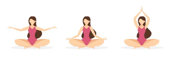 Conjunto Chicas Traje Baño Rojo Poses Yoga Meditación Hermosa Mujer — Vector de stock