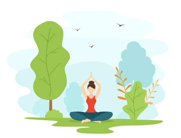 Chica Hace Yoga Meditación Parque Hermosa Mujer Sentada Posición Loto — Vector de stock
